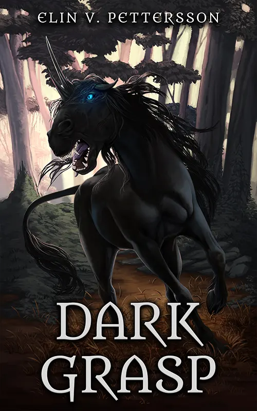 High Fantasy book cover of Dark Grasp - the flesh-eating dark unicorn