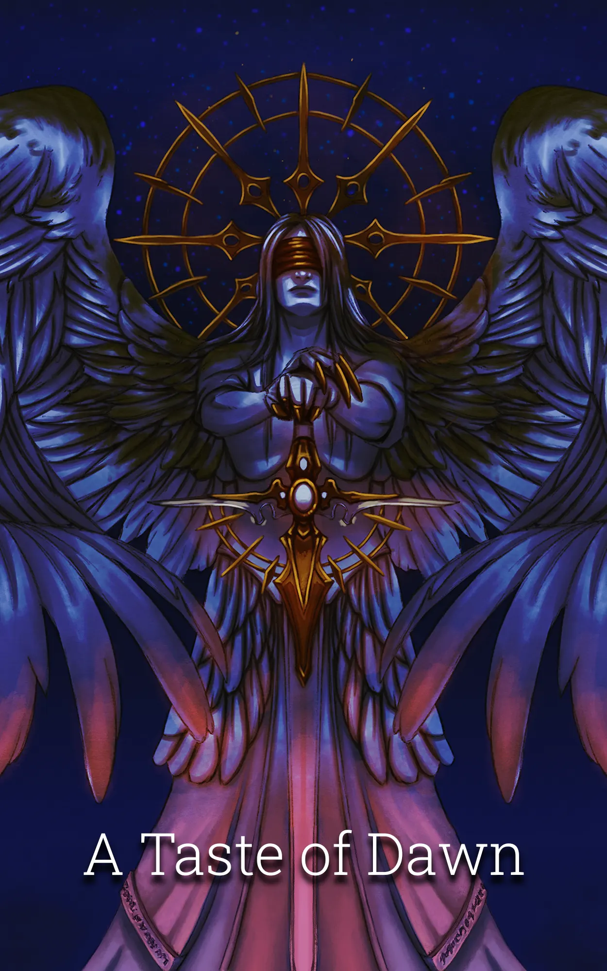 Book cover for the dark fantasy book A Taste of Dawn by Elin Pistol. The book cover shows the statue of a god from the Haranutarie world.