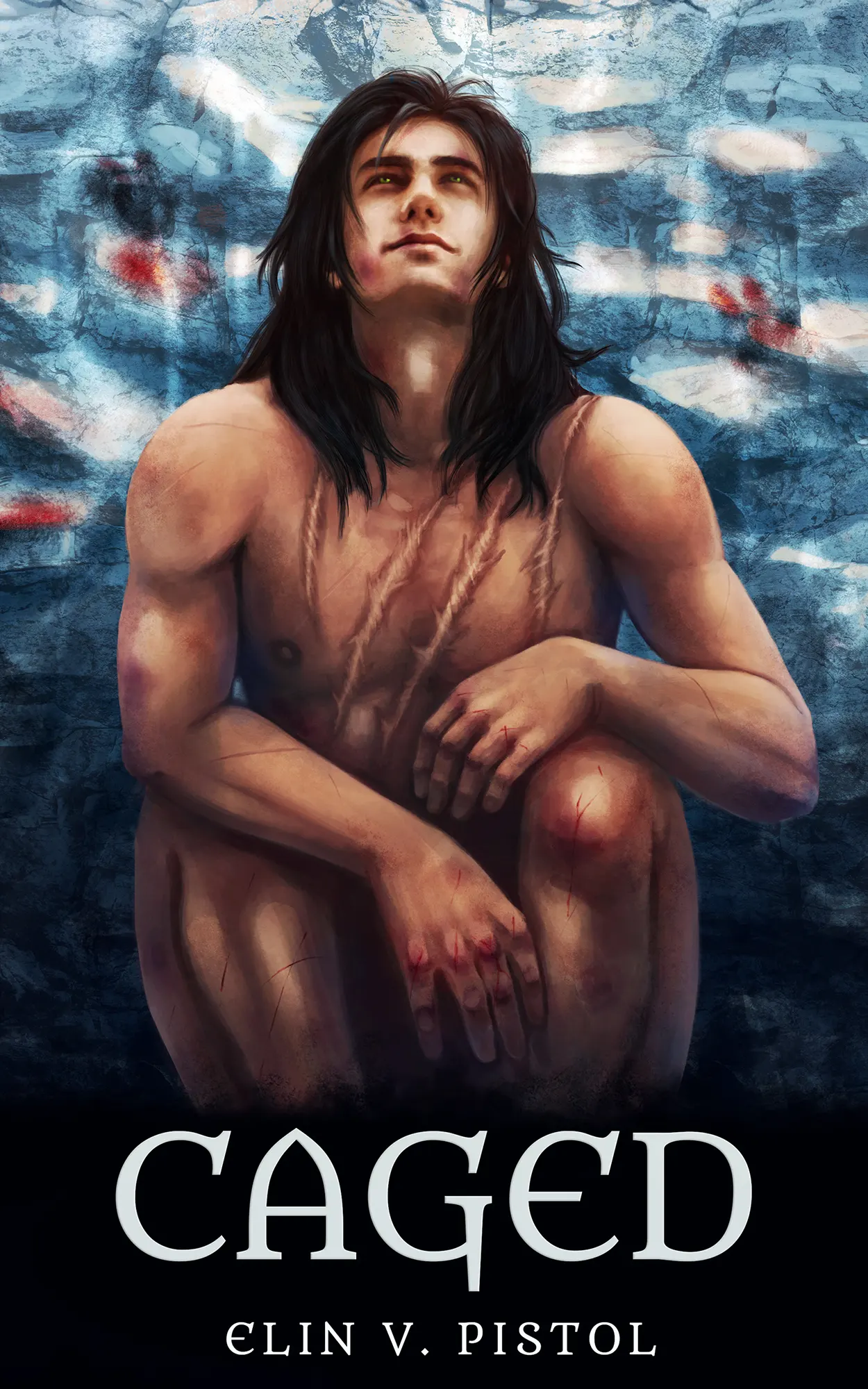 Book cover of Dark Fantasy book Caged cover showing Jillian Issaye patiently waiting in his jail cell