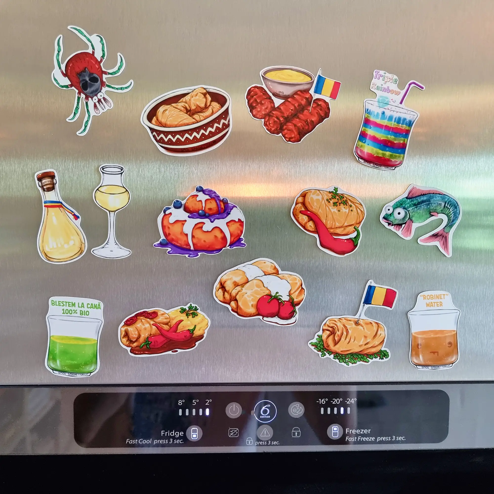 Smol Spaghettorium Romanian magnets on a fridge