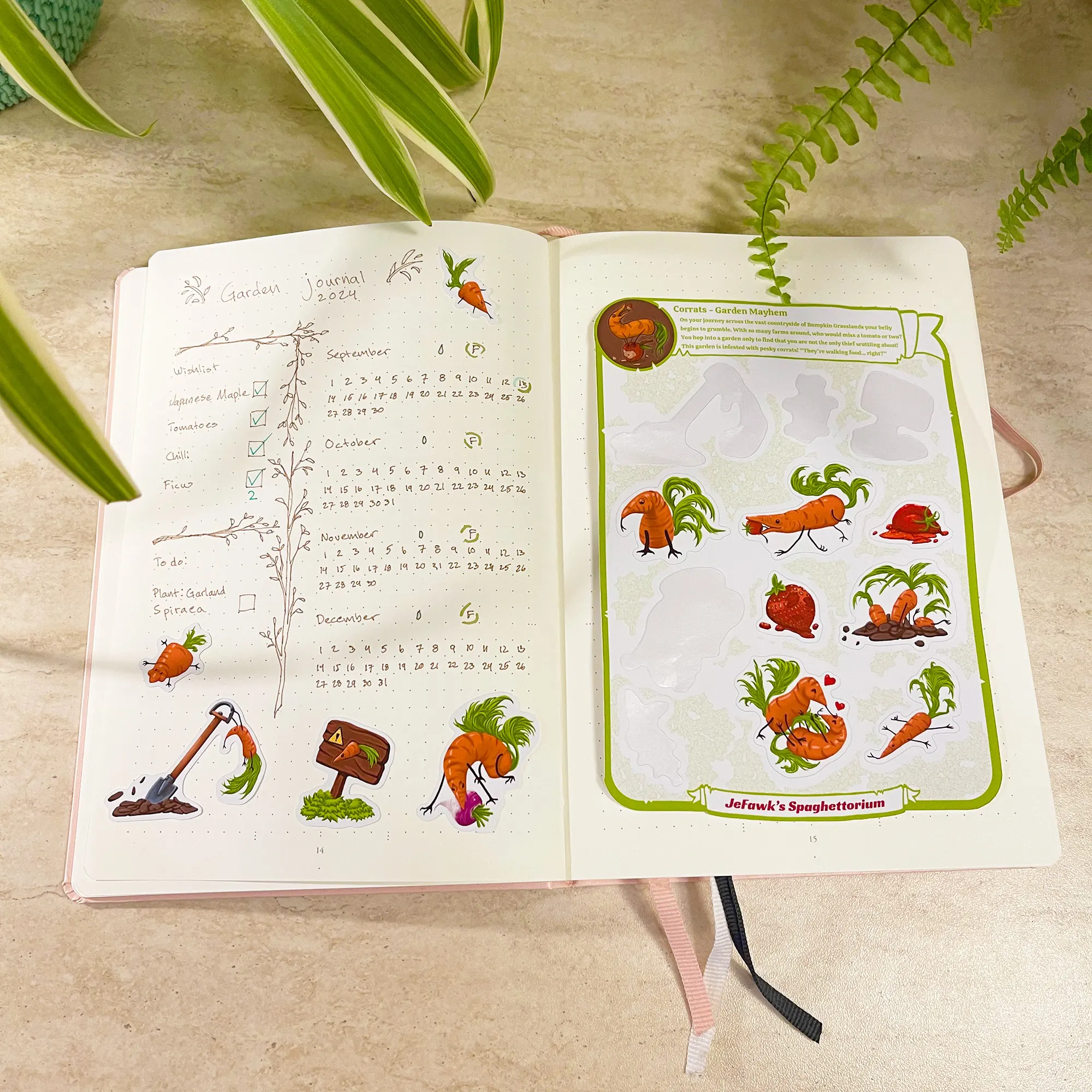 Sticker sheet of cute corrats creating chaos on a journal page.